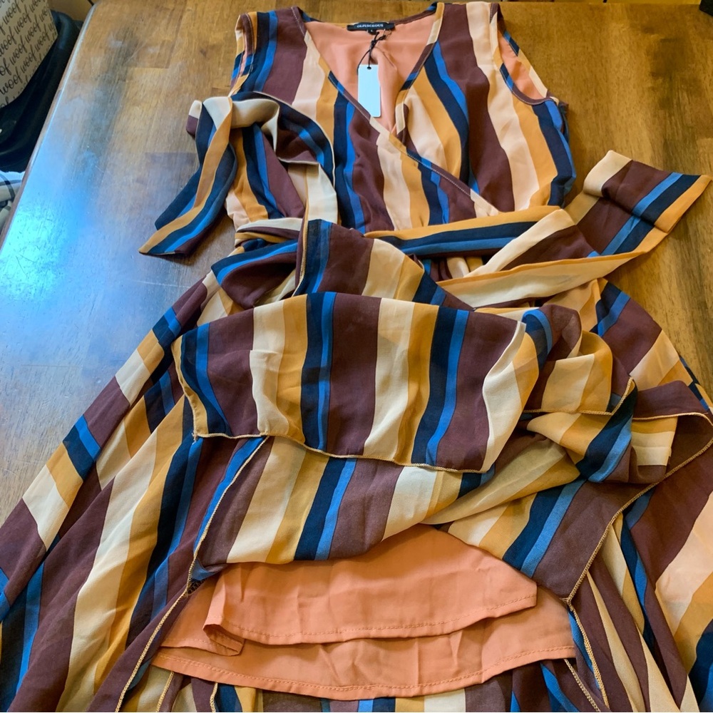 Olivaceous V-Neck Maxi Dress Large Striped Blue Brown Tie Waist Long outer Panel - Picture 5 of 13